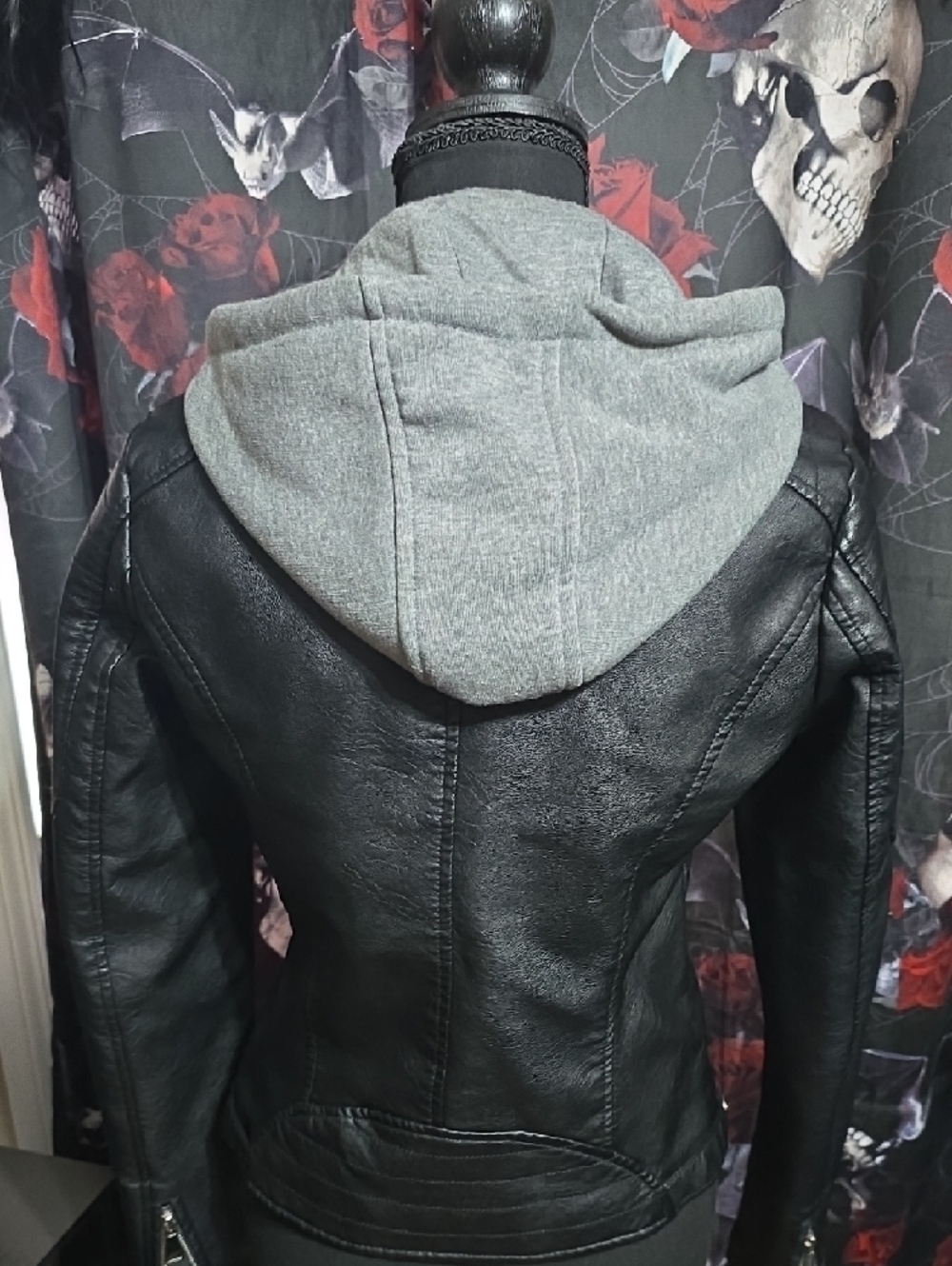 Ardene Black Faux Leather Moto Jacket with Gray Hood - Picture 5 of 8